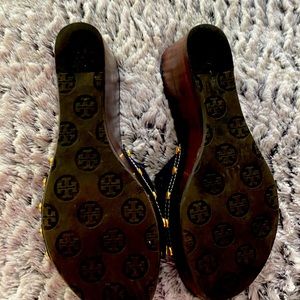 Tory Burch navy blue patent wedge worn once